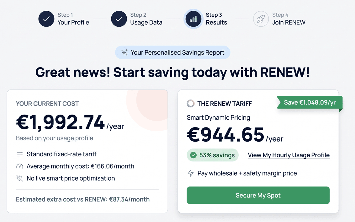RENEW comparison tool showing a personalised savings report and tariff comparison results.